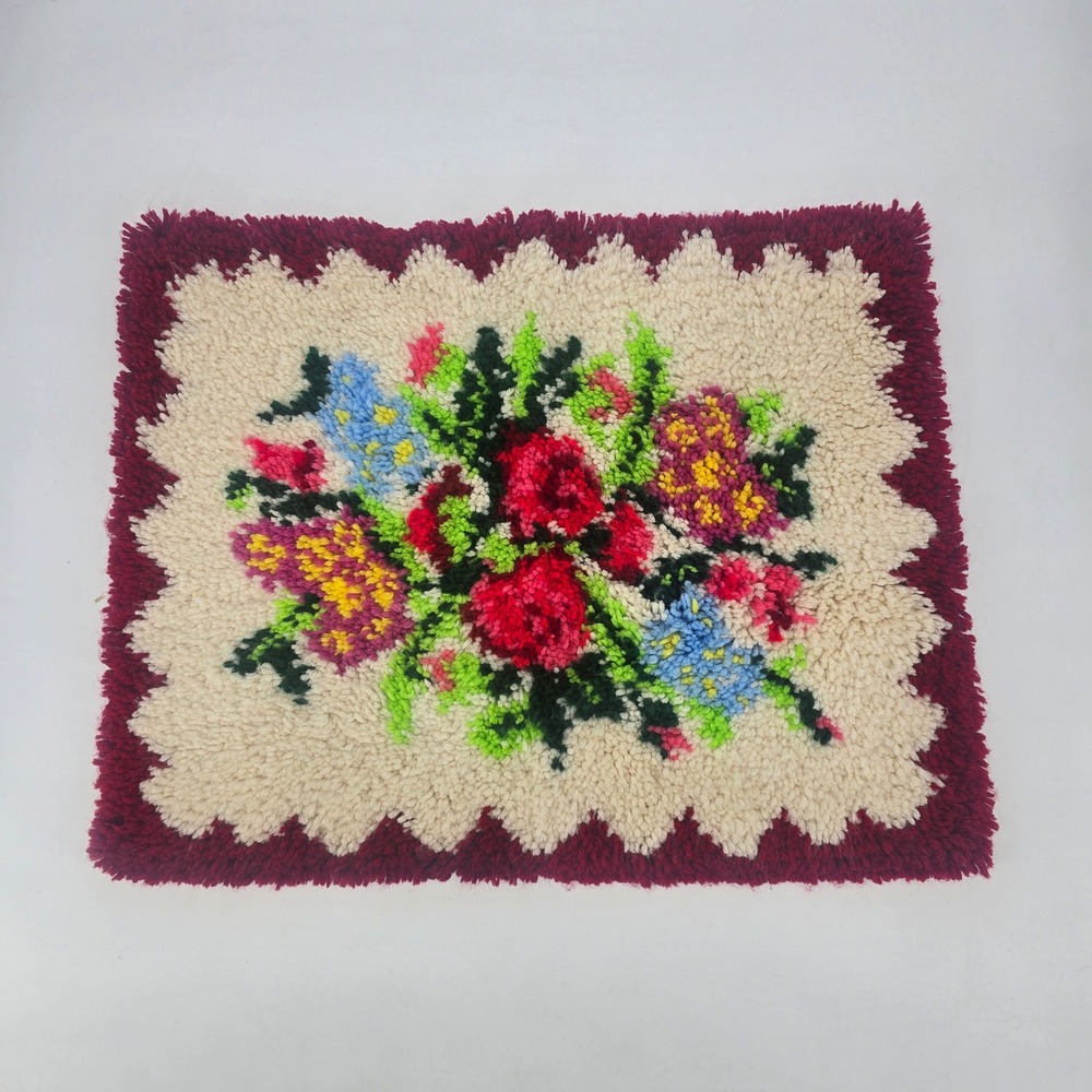 Vintage Handmade Latch Hook Floral Rug Wall Hanging 23x18 Cottagecore Folk Art